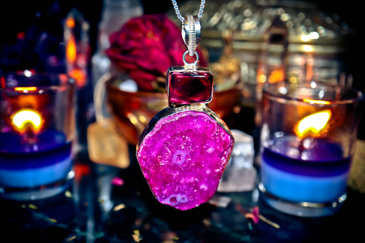 Handmade Pink Cosmic Quartz Natural Crystal Amulet Necklace 925 Sterling Silver Pendant 2.75"