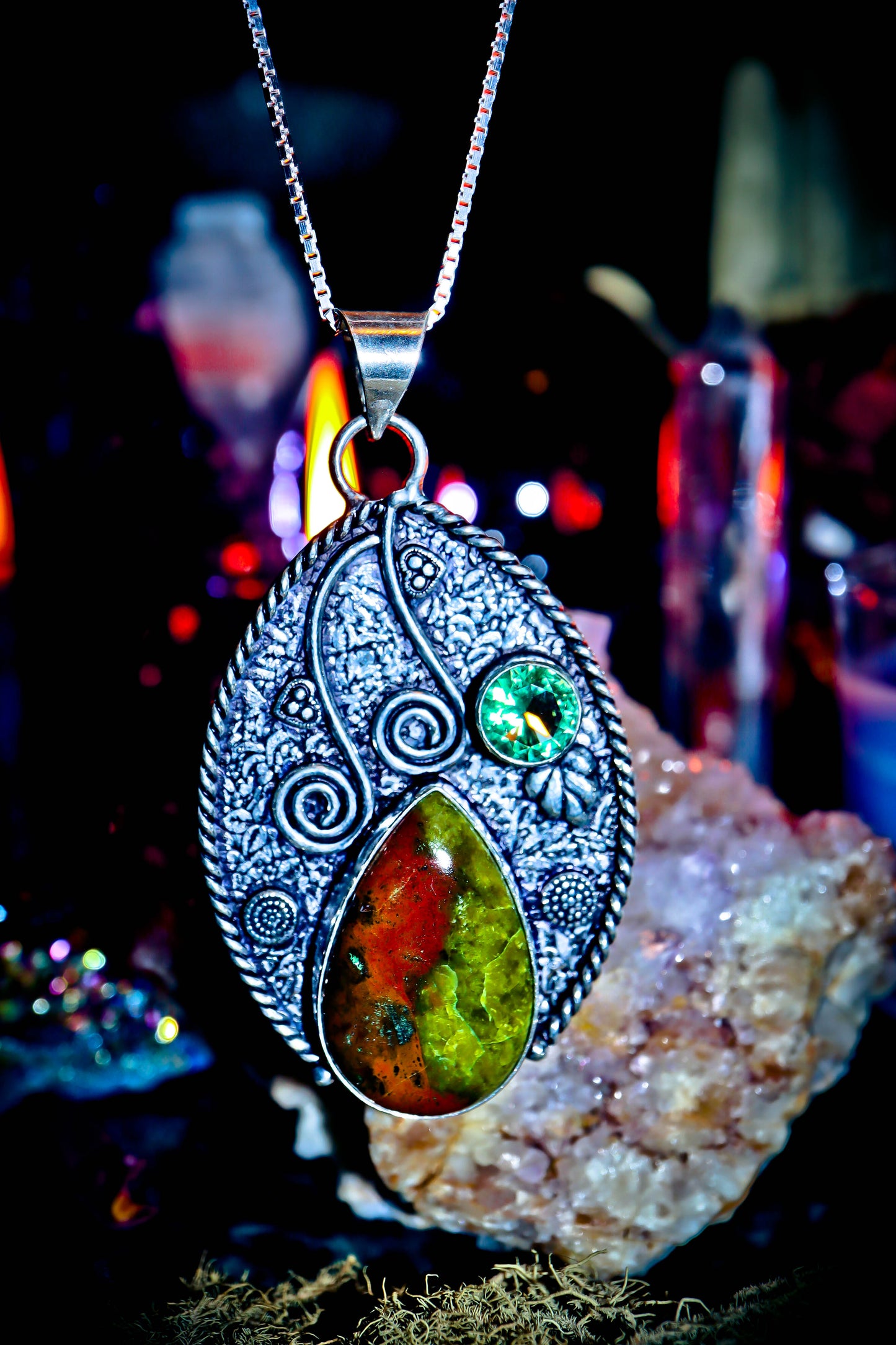 Chrysoprase Gemstone Amulet Necklace 925 Silver Jewelry Pendant!