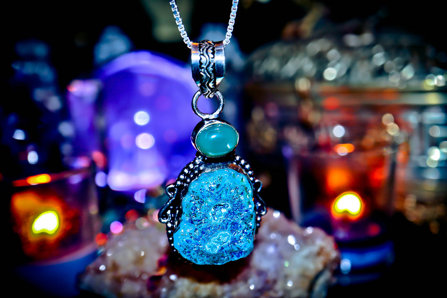 Cluster Titanium Druzy Quartz Amulet Necklace 925 Sterling Silver Pendant!