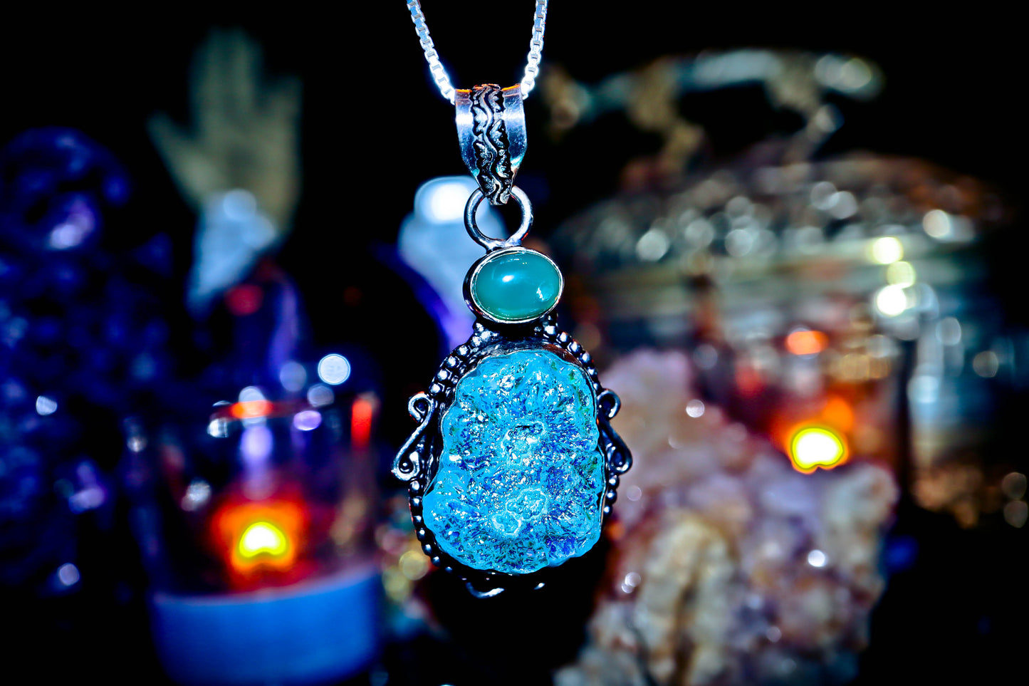 Cluster Titanium Druzy Quartz Amulet Necklace 925 Sterling Silver Pendant