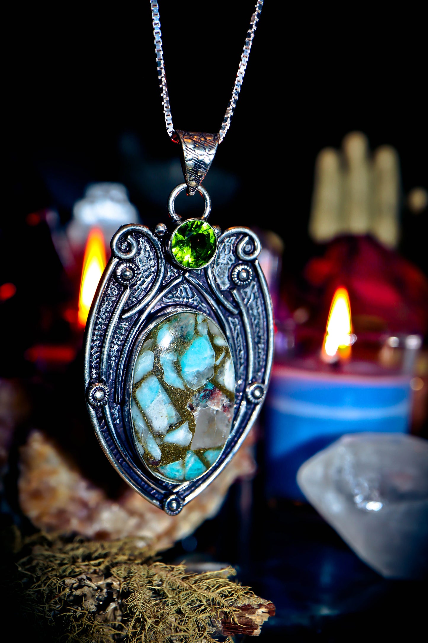 Copper Larimar Amulet Gemstone Sterling Silver Necklace Jewelry Pendant