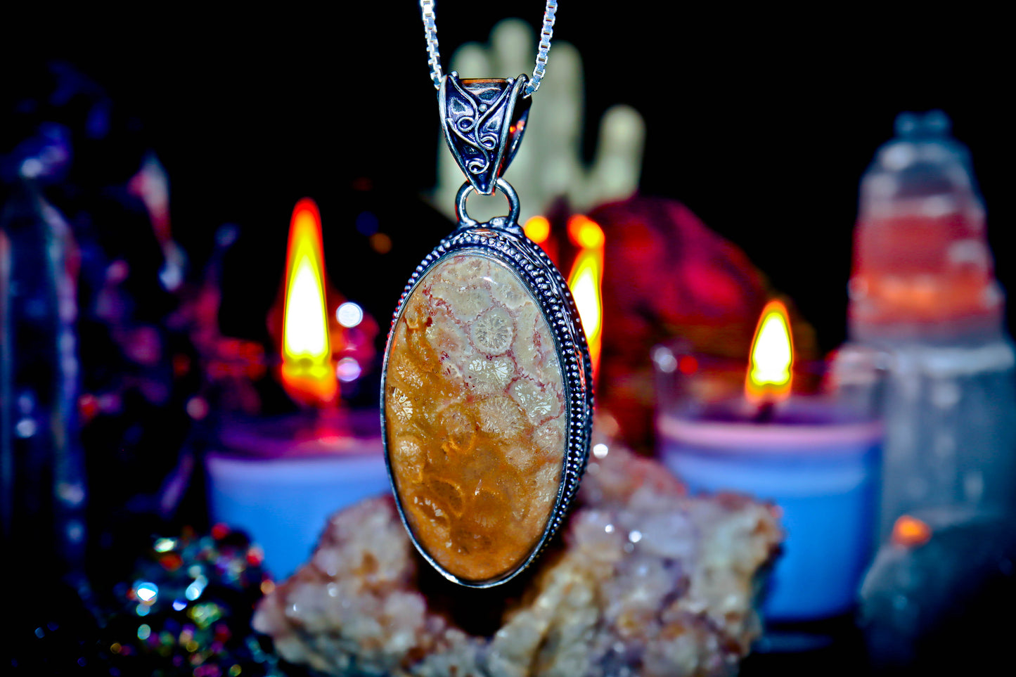 Fossil Coral Gemstone Amulet Necklace Handmade Jewelry Silver Pendant!