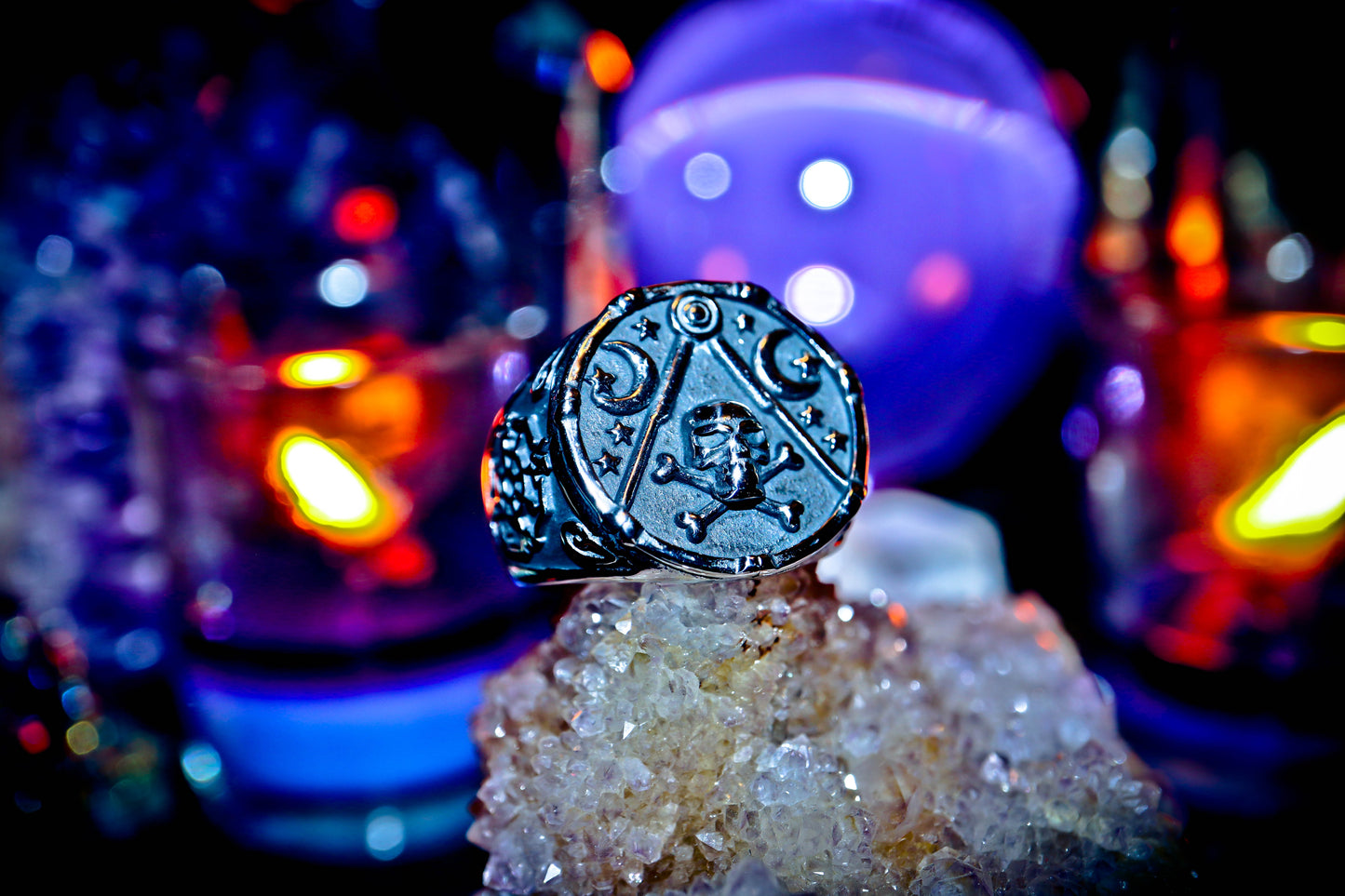 Esoteric Symbols Skull & Moon 316L Silver Stainless Steel Mystical Ring!