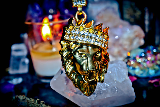 LION Gold Tone Amulet Pendant Large Rhinestone Necklace w chain!
