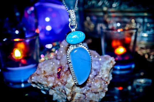 Handmade Blue Chalcedony Quartz Gemstone Amulet Necklace 925 Sterling Silver Pendant 2.5"