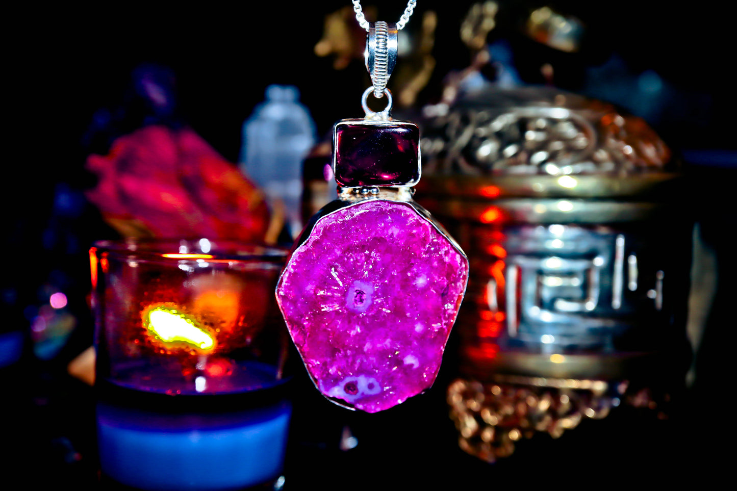 Handmade Pink Cosmic Quartz Natural Crystal Amulet Necklace 925 Sterling Silver Pendant 2.75"