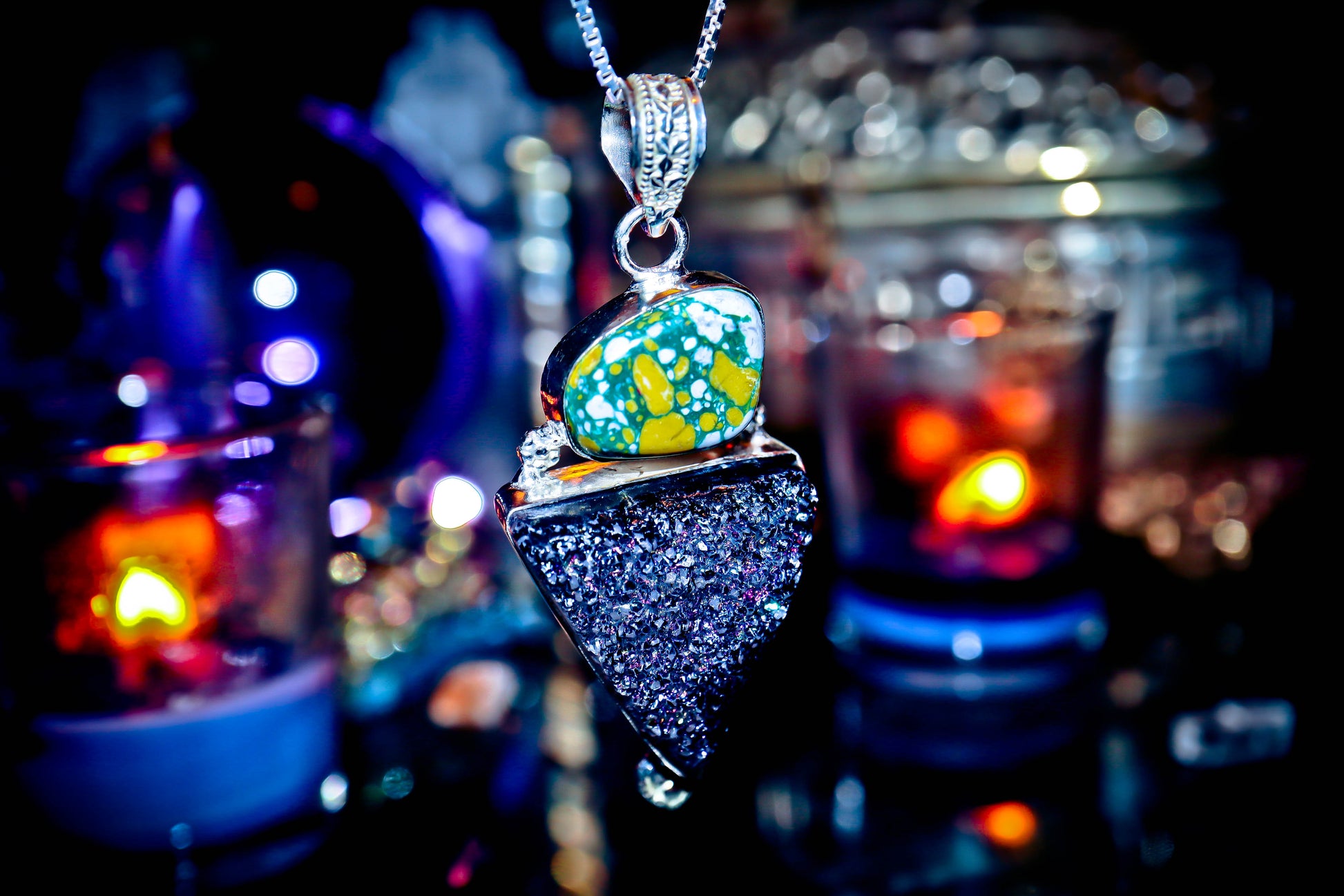 Cluster Titanium Druzy Quartz Amulet Necklace Sterling Silver Pendant!