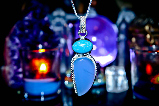 Blue Chalcedony Quartz Gemstone Amulet Necklace Silver Pendant!