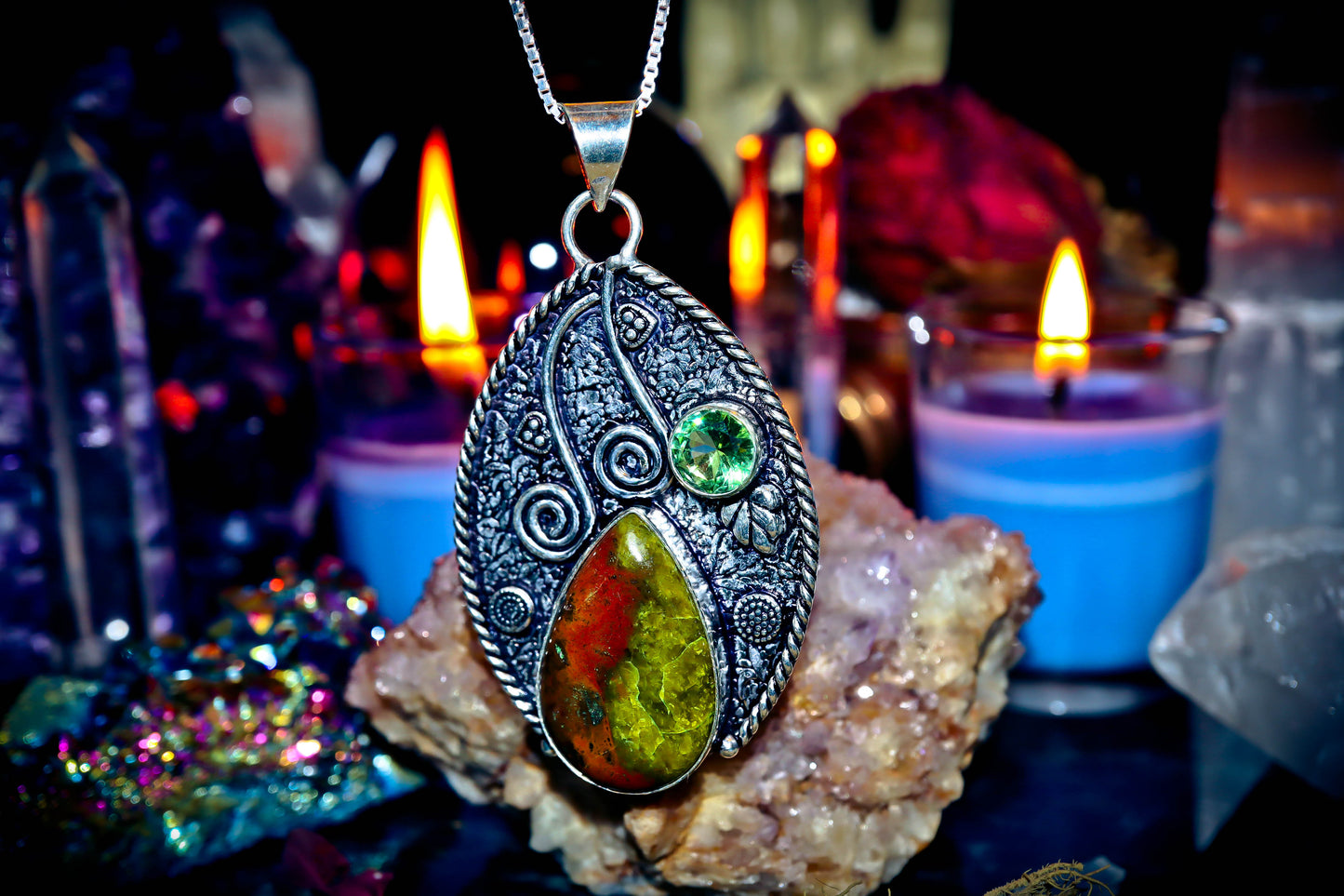 Chrysoprase Gemstone Amulet Necklace 925 Silver Jewelry Pendant