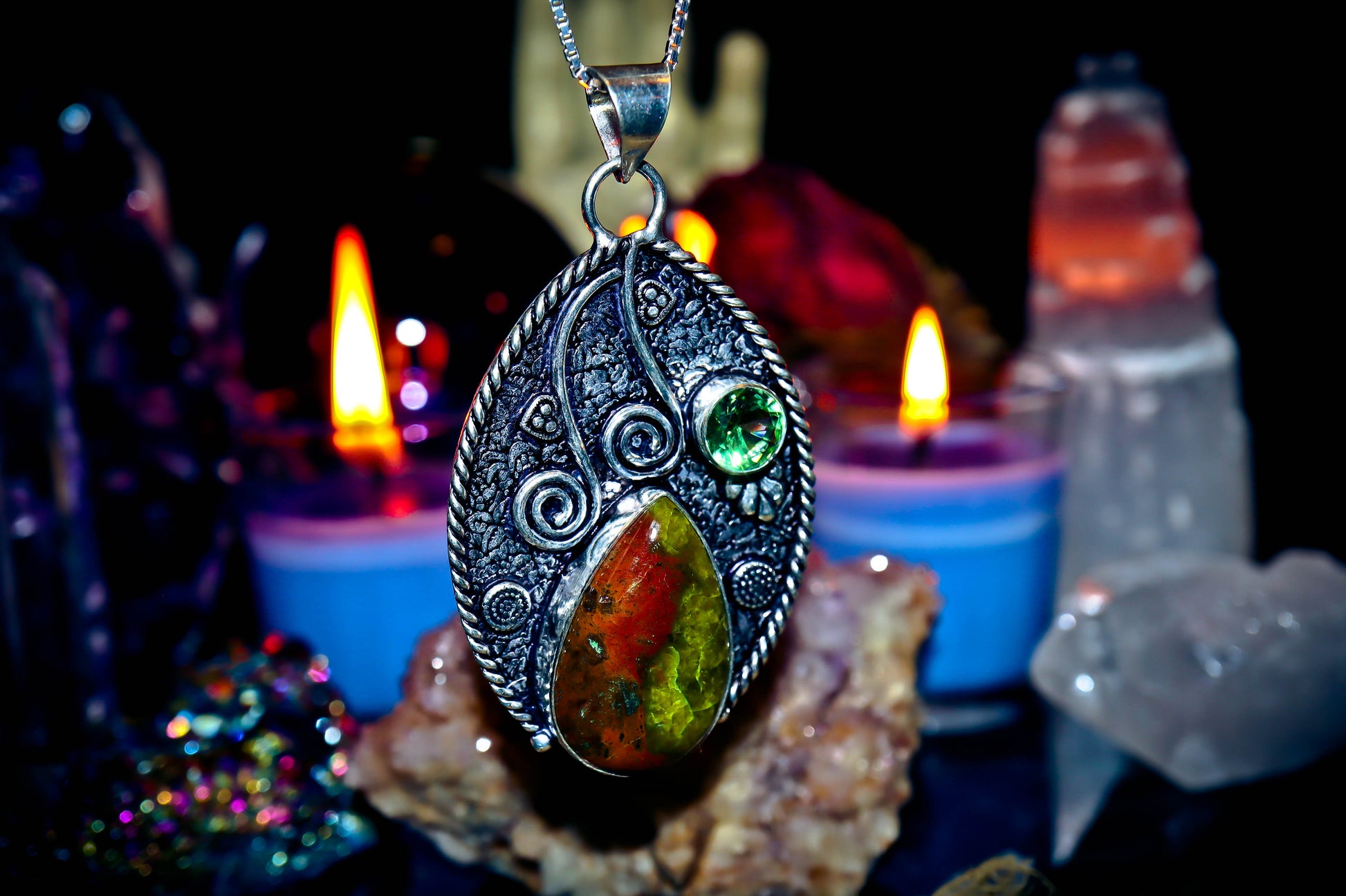 Chrysoprase Gemstone Amulet Necklace 925 Silver Jewelry Pendant!