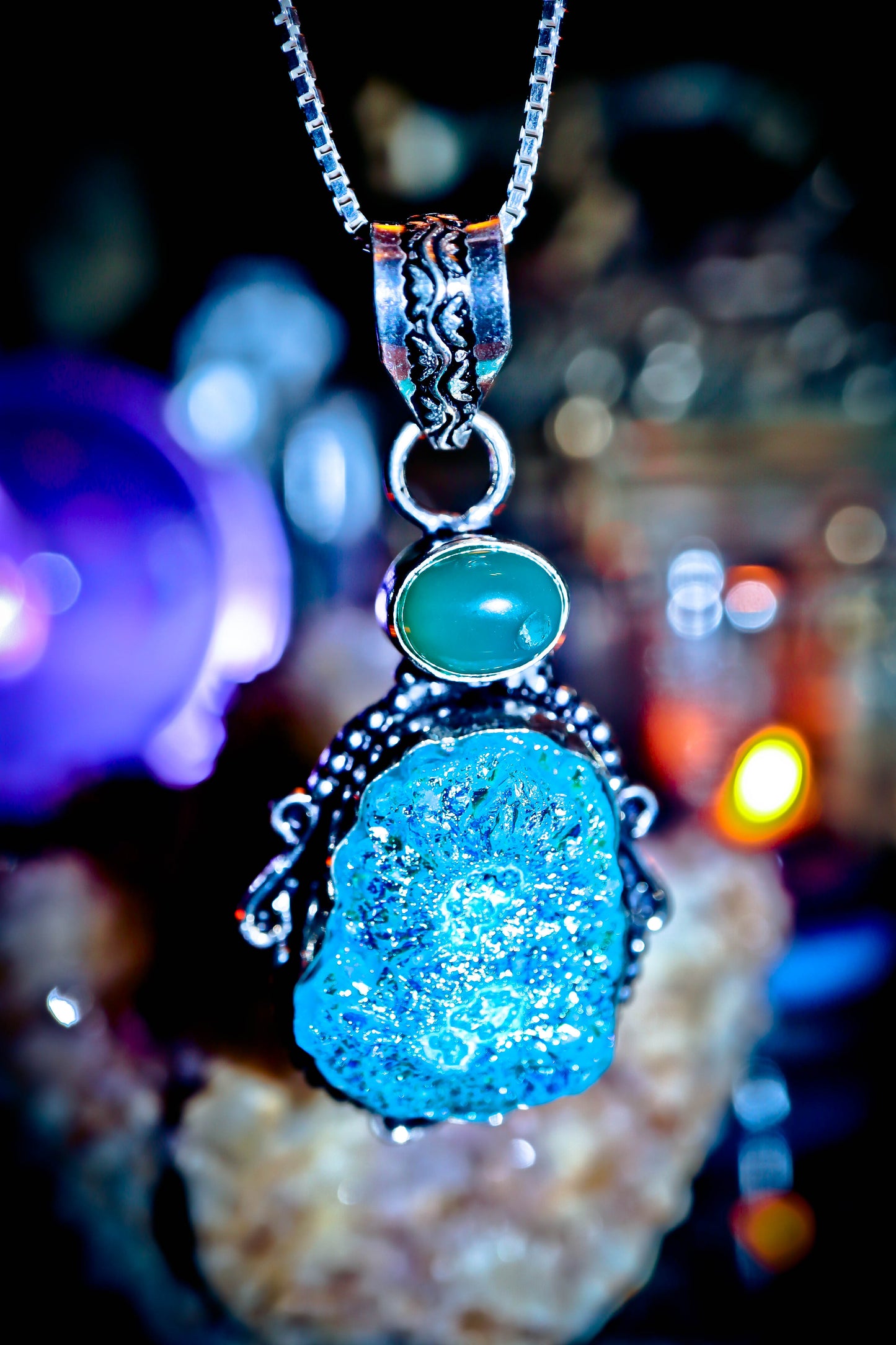 Cluster Titanium Druzy Quartz Amulet Necklace 925 Sterling Silver Pendant