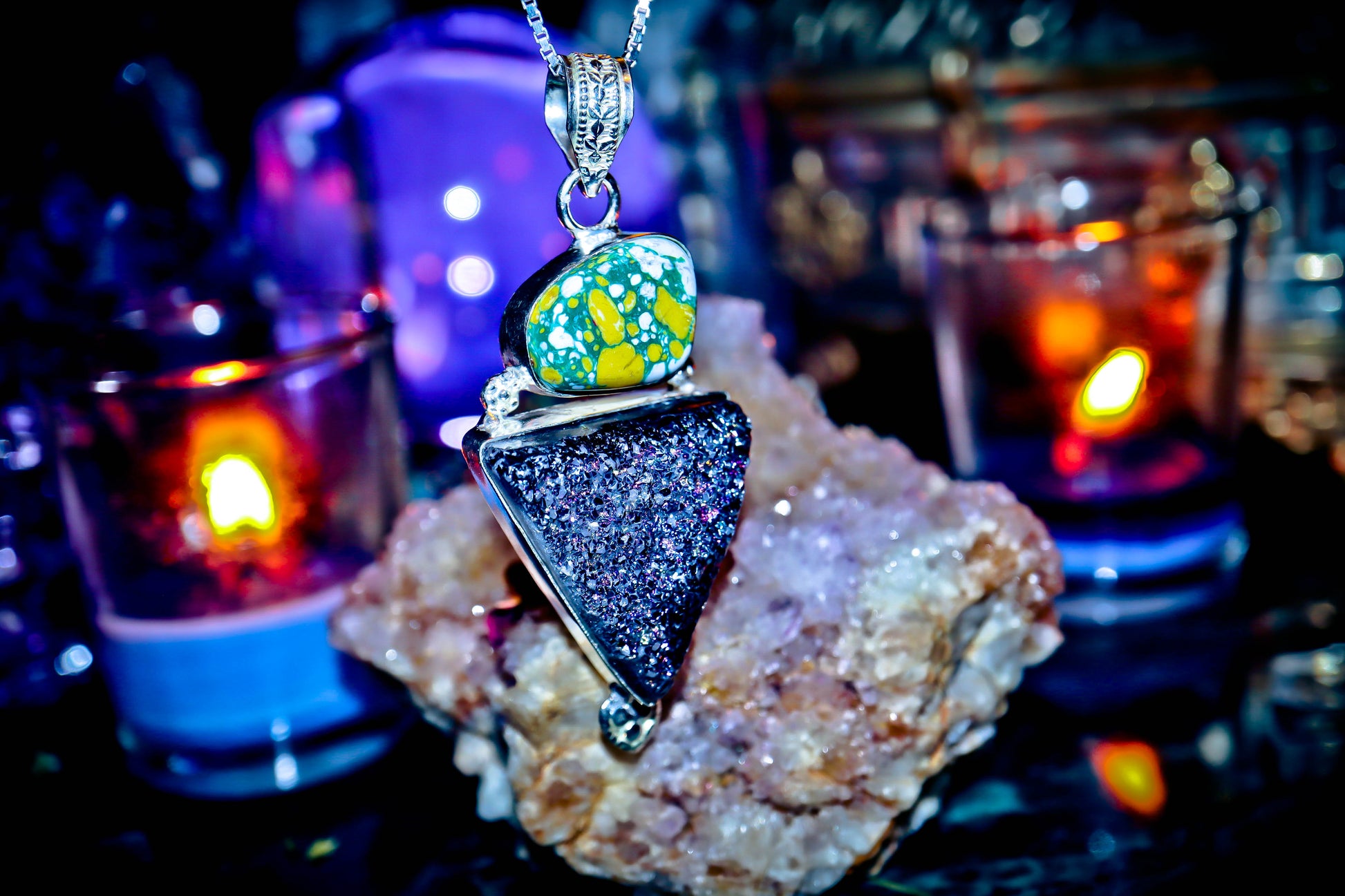 Cluster Titanium Druzy Quartz Amulet Necklace Sterling Silver Pendant!