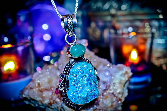 Cluster Titanium Druzy Quartz Amulet Necklace 925 Sterling Silver Pendant!