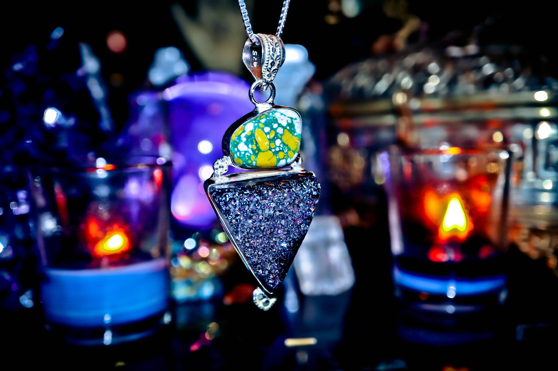 Cluster Titanium Druzy Quartz Amulet Necklace Sterling Silver Pendant!
