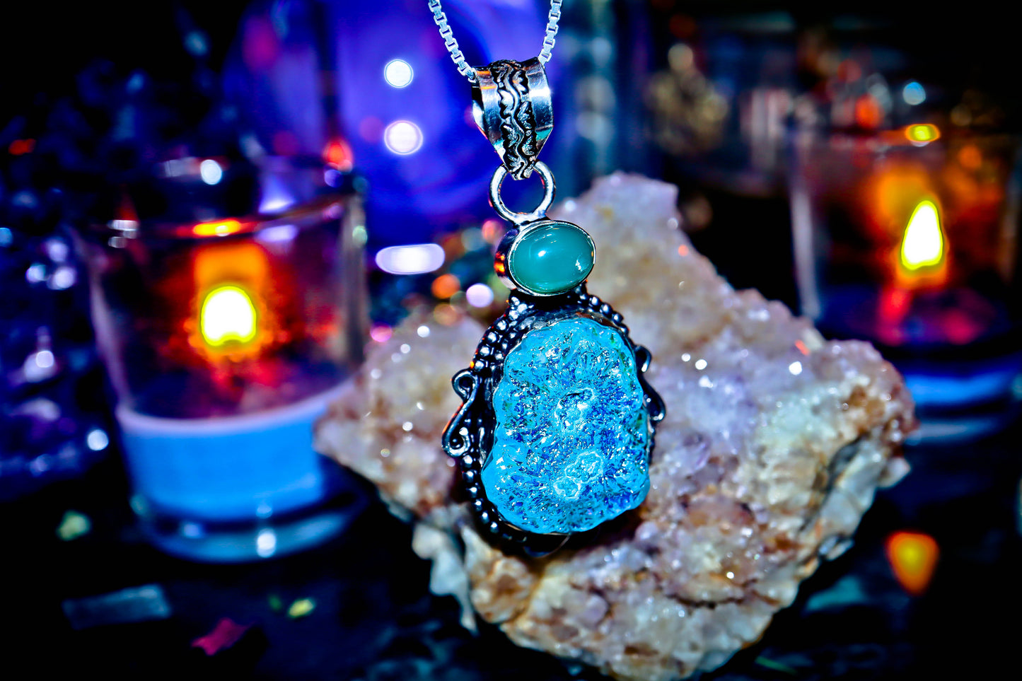 Cluster Titanium Druzy Quartz Amulet Necklace 925 Sterling Silver Pendant!
