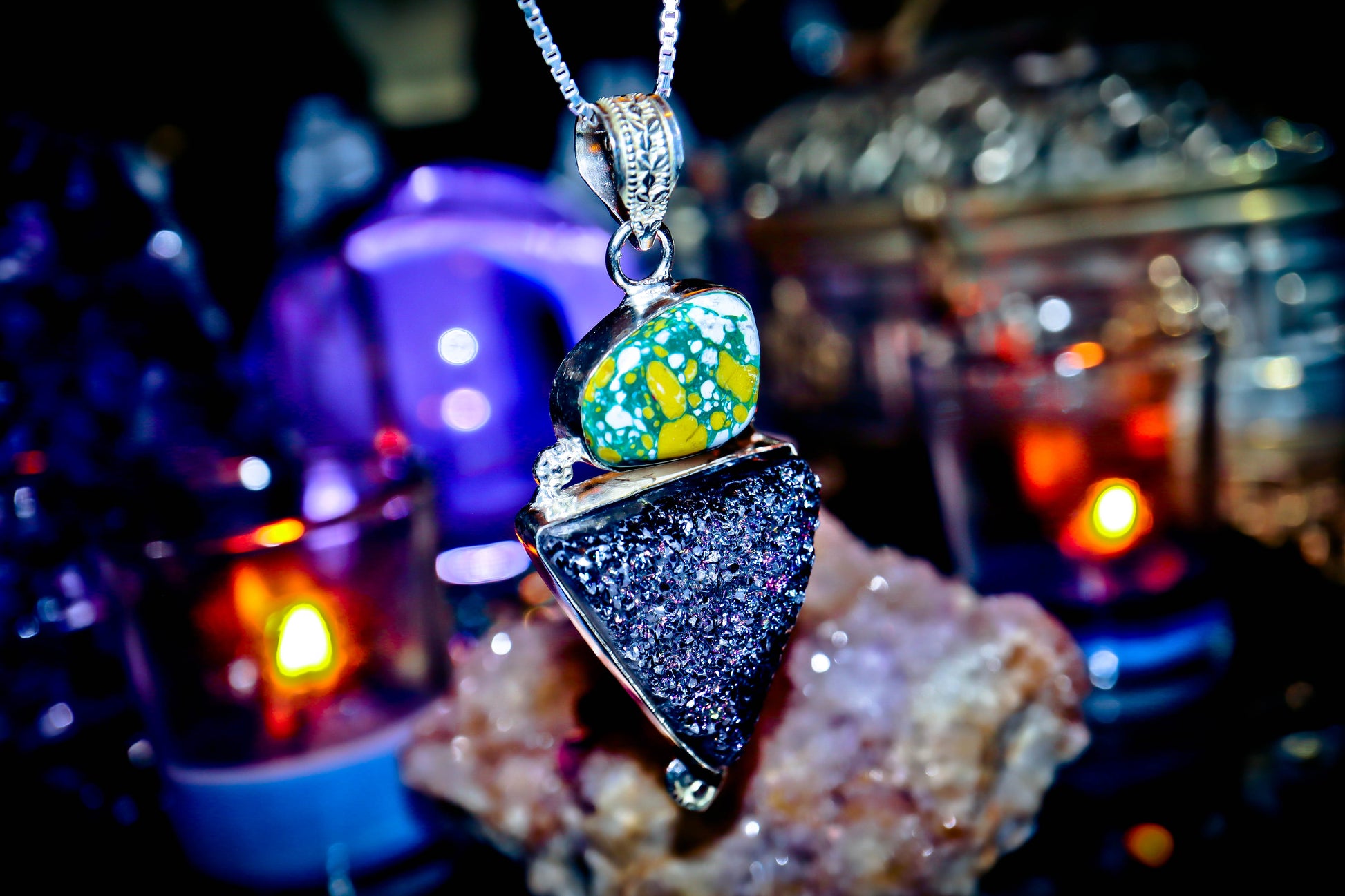Cluster Titanium Druzy Quartz Amulet Necklace Sterling Silver Pendant!