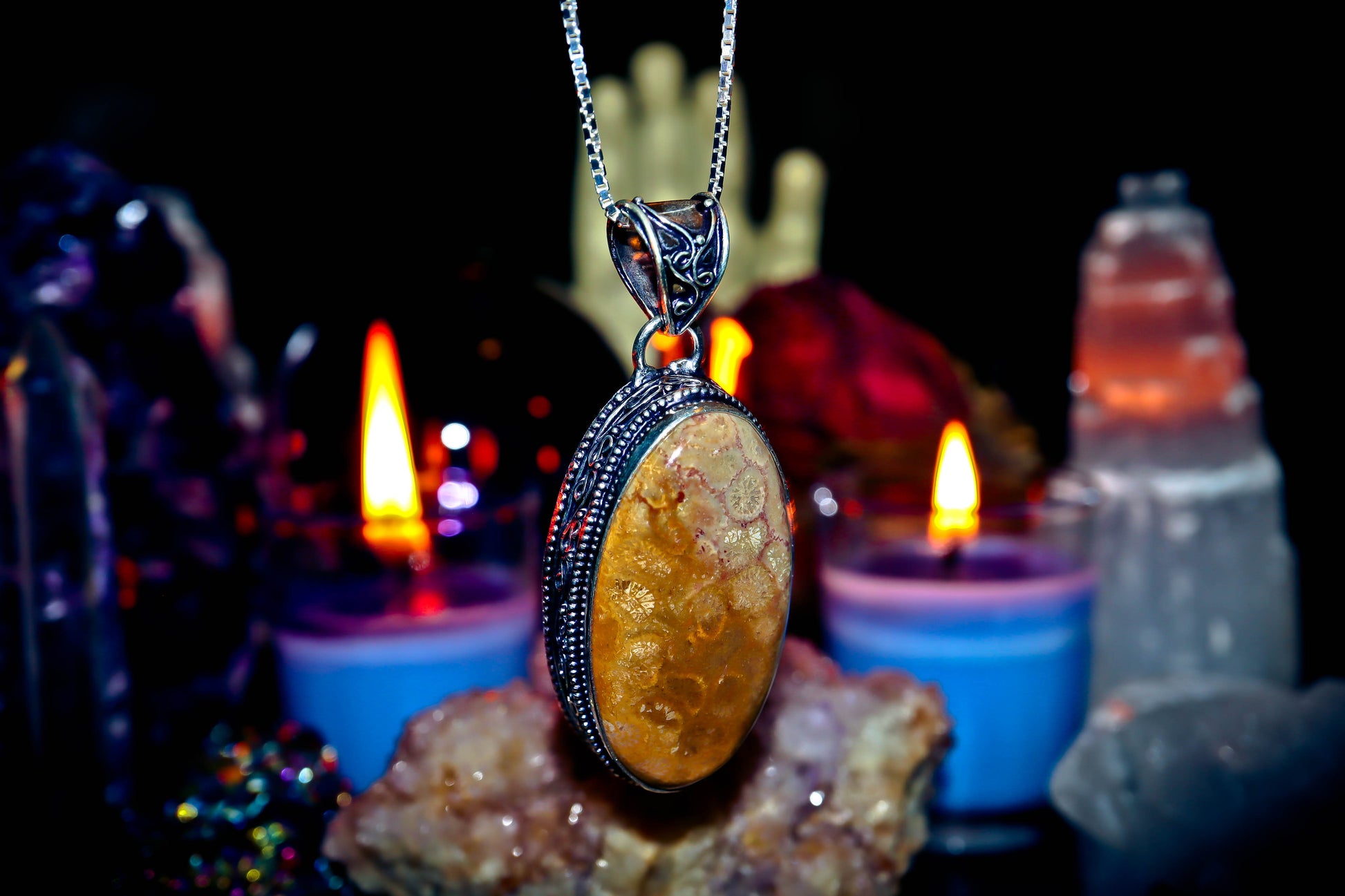 Coral Gemstone Amulet Necklace Handmade Jewelry Pendant!