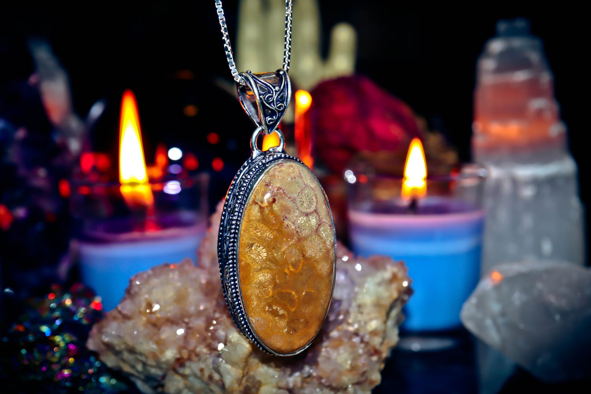 Fossil Coral Gemstone Amulet Necklace Handmade Jewelry Pendant!