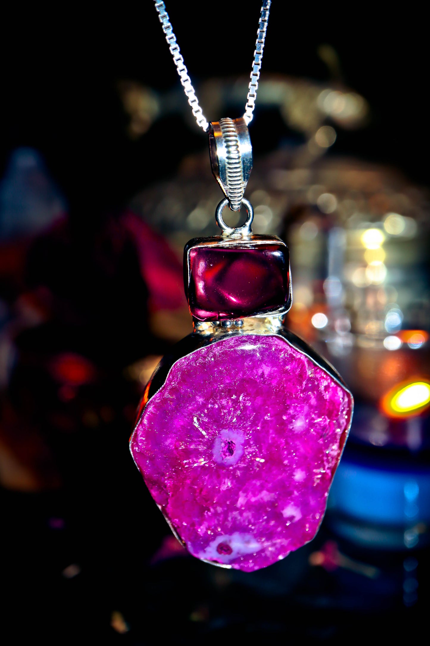 Handmade Pink Cosmic Quartz Natural Crystal Amulet Necklace 925 Sterling Silver Pendant 2.75"