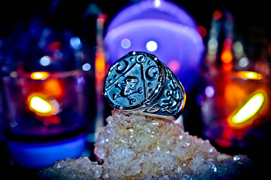 Esoteric Symbols Skull & Moon 316L Silver Stainless Steel Mystical Ring!