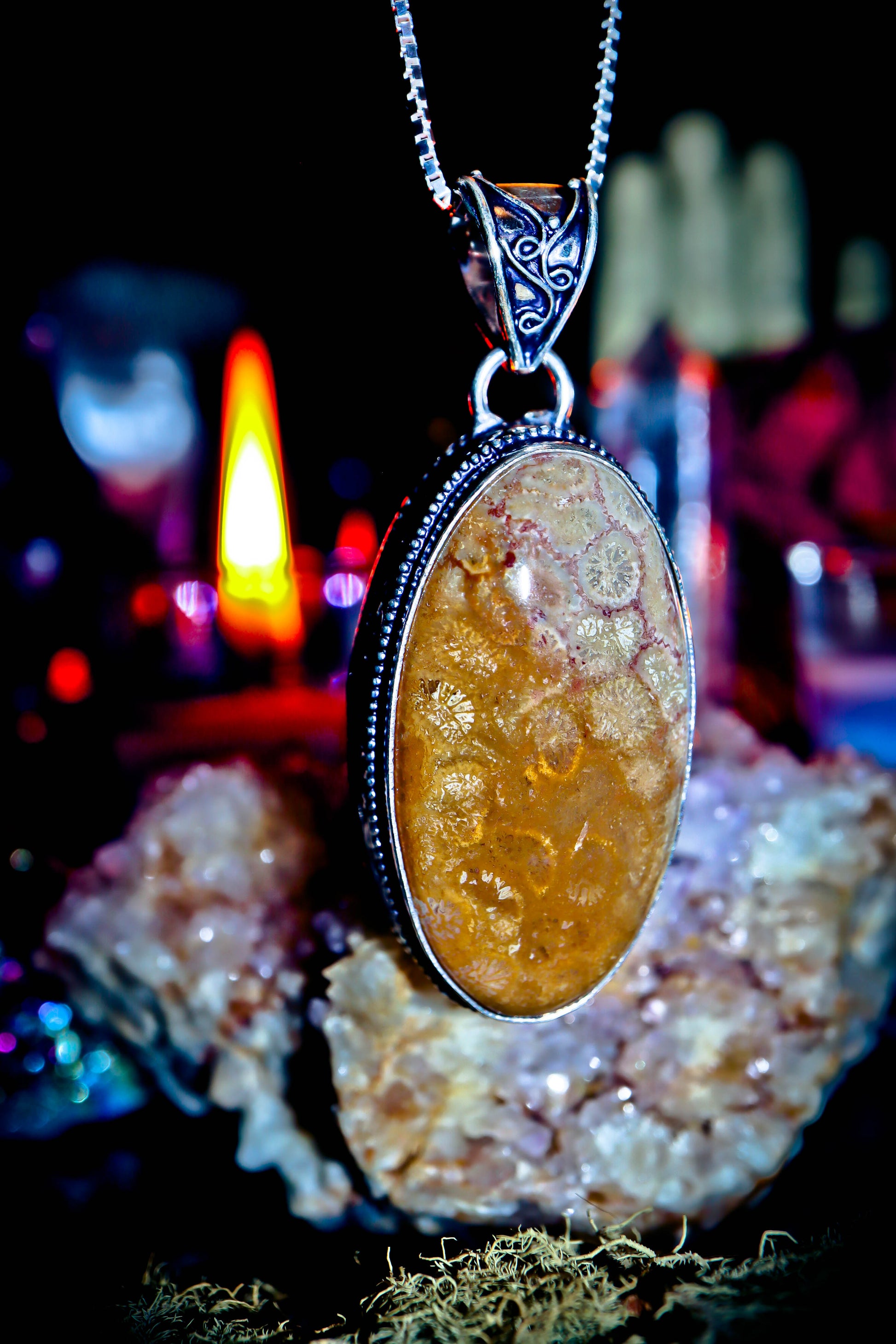 Fossil Coral Gemstone Amulet Necklace Handmade Jewelry Silver Pendant!