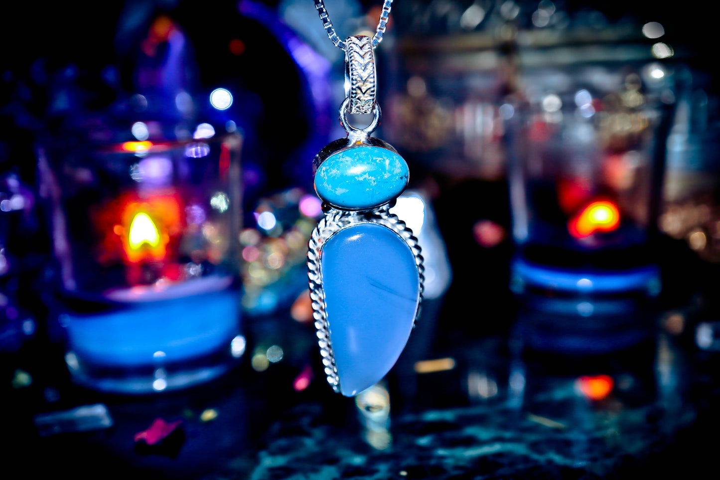 Handmade Blue Chalcedony Quartz Gemstone Amulet Necklace 925 Sterling Silver Pendant 2.5"