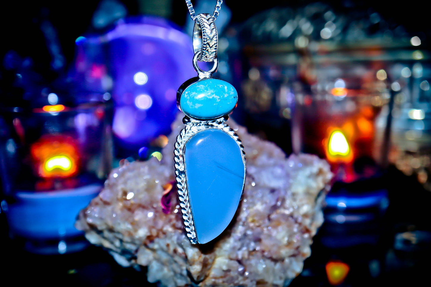 Handmade Blue Chalcedony Quartz Gemstone Amulet Necklace 925 Sterling Silver Pendant 2.5"