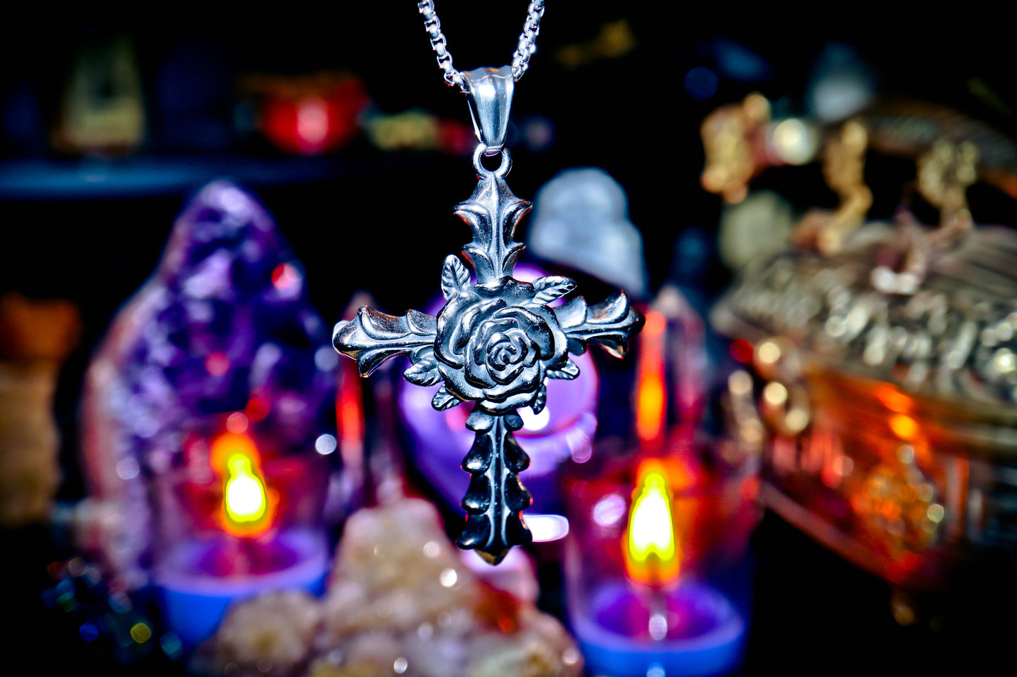 Rosicrucian Rose Cross Amulet 316L Stainless Steel Pendant Necklace with 22" Chain