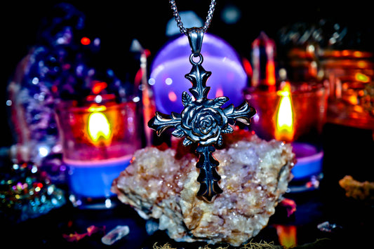 Rosicrucian Rose Cross Amulet Steel Pendant Necklace
