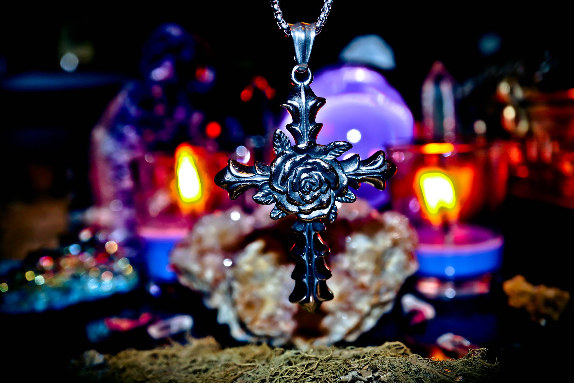 Rosicrucian Rose Cross Silver Amulet Steel Pendant Necklace - Old Earth Alchemy