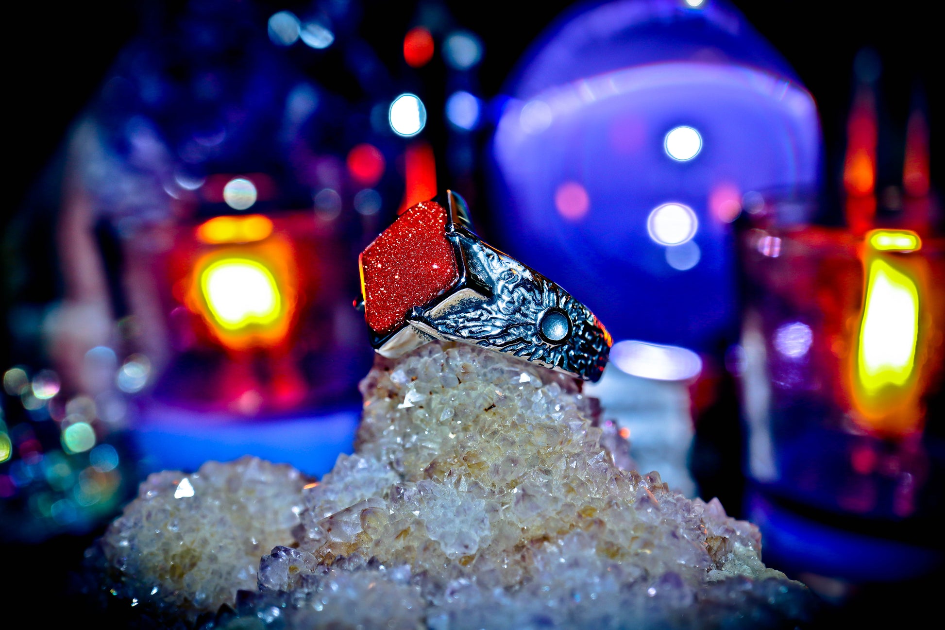 Alchemy Silver Stainless Steel Mystical Goldstone Ring!