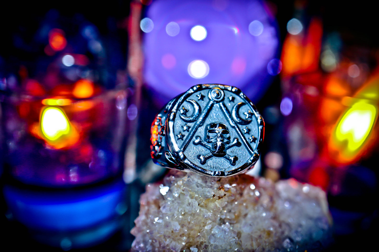 Esoteric Symbols Skull & Moon 316L Stainless Steel Mystical Ring!
