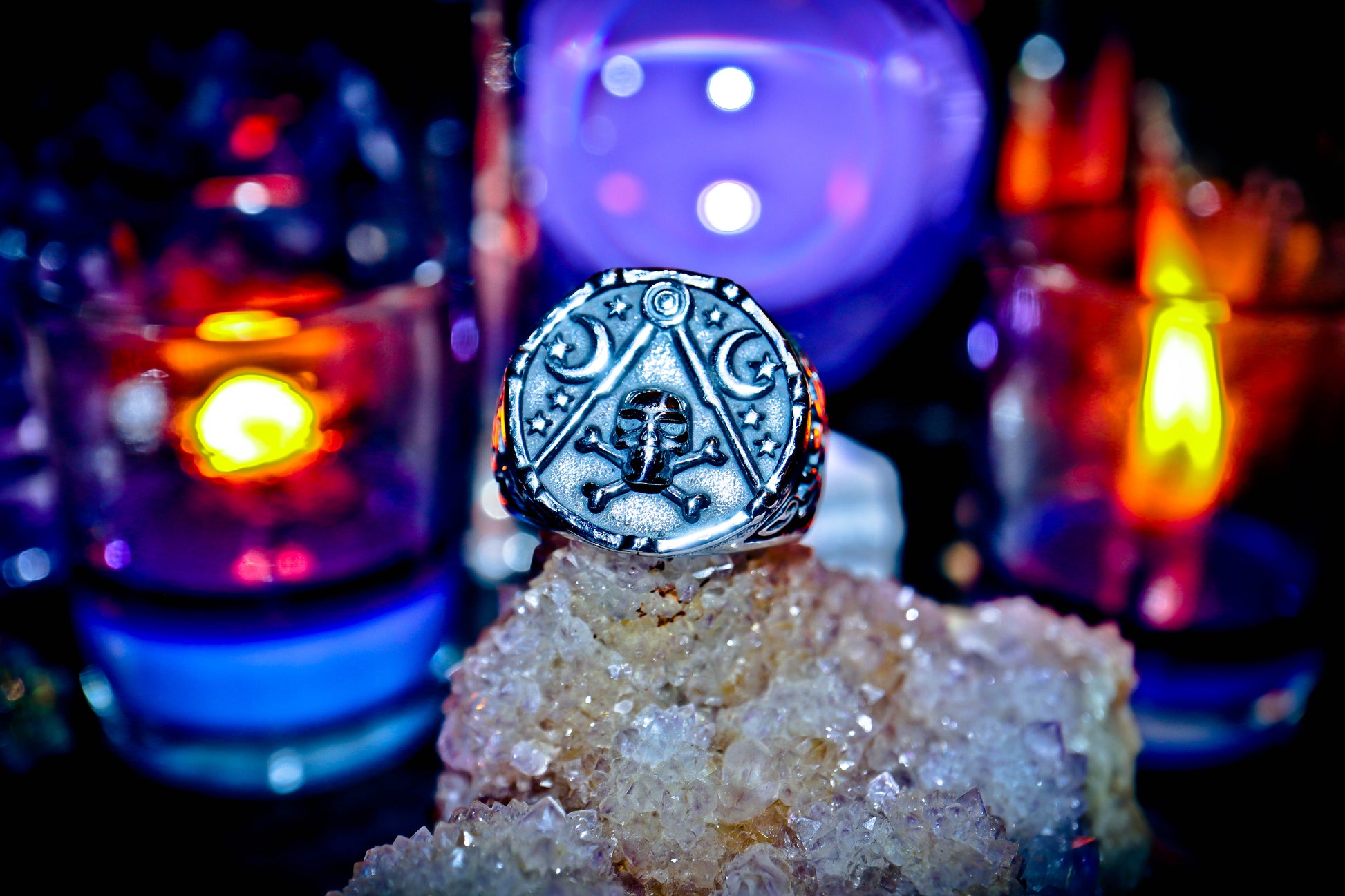 Esoteric Symbols Skull & Moon 316L Stainless Steel Mystical Ring!